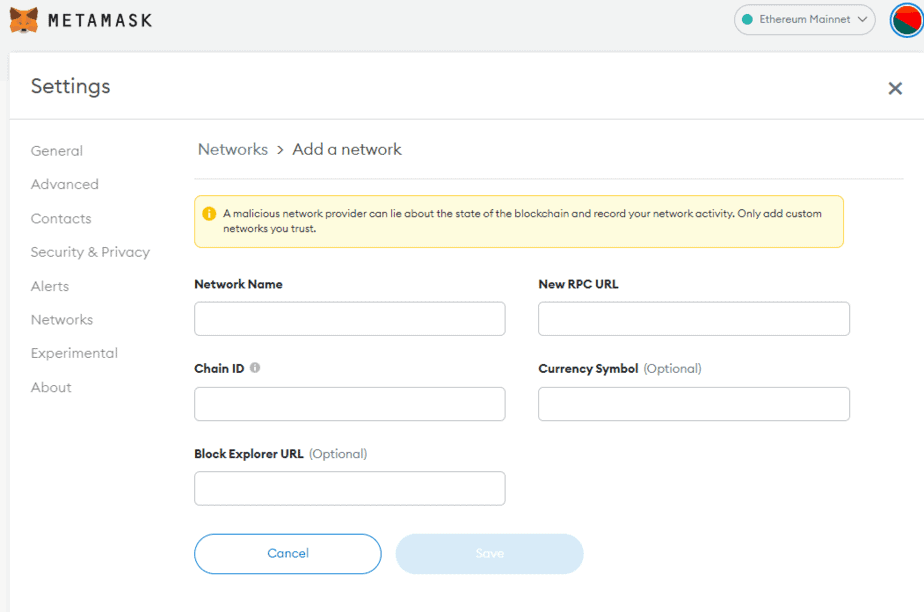 Metamask Settings