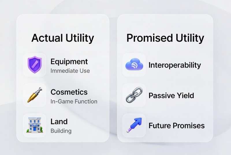 Infographic comparing actual in-game utility of NFT items with common promised utility.