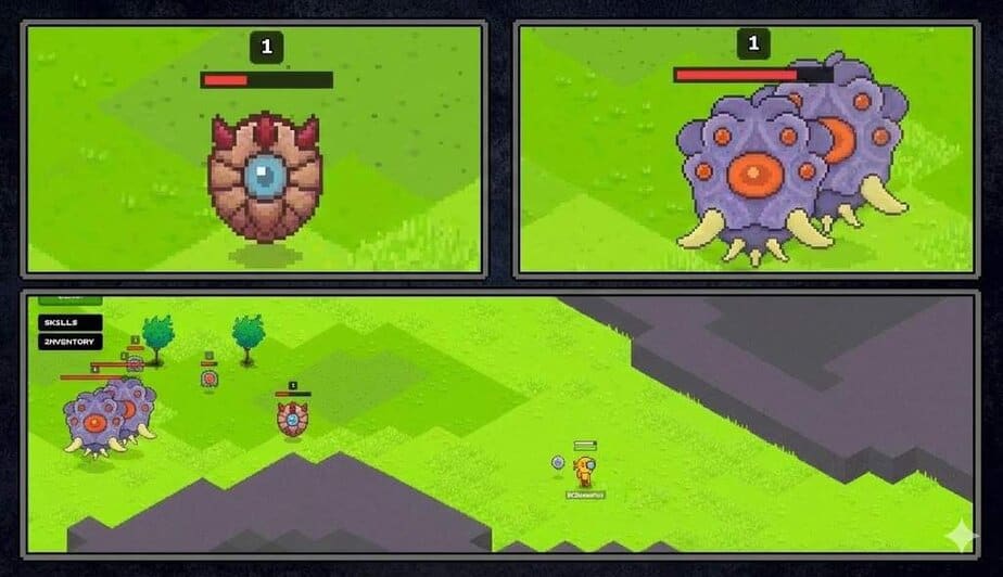 Gameplay collage showing grassy zone, in Block Stranding