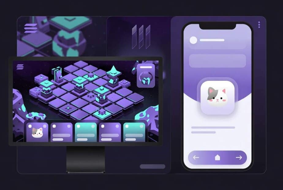 Illustration of free-to-play Solana games shown on a PC monitor and mobile phone with a purple sci-fi background