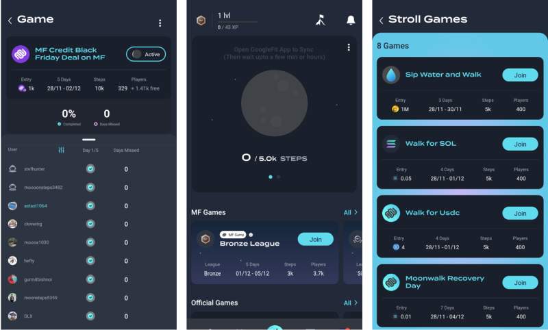 Moonwalk Fitness Solana move-to-earn fitness app on mobile.