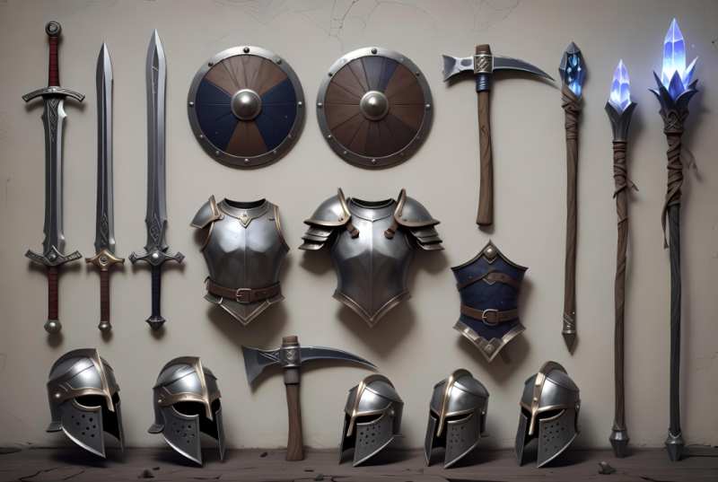 Generic game equipment items such as weapons, armor, and tools displayed on a neutral background