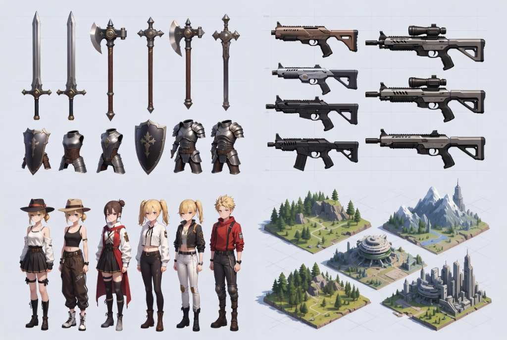 Overview graphic showing equipment, cosmetics, housing, and land items in Web3 games.