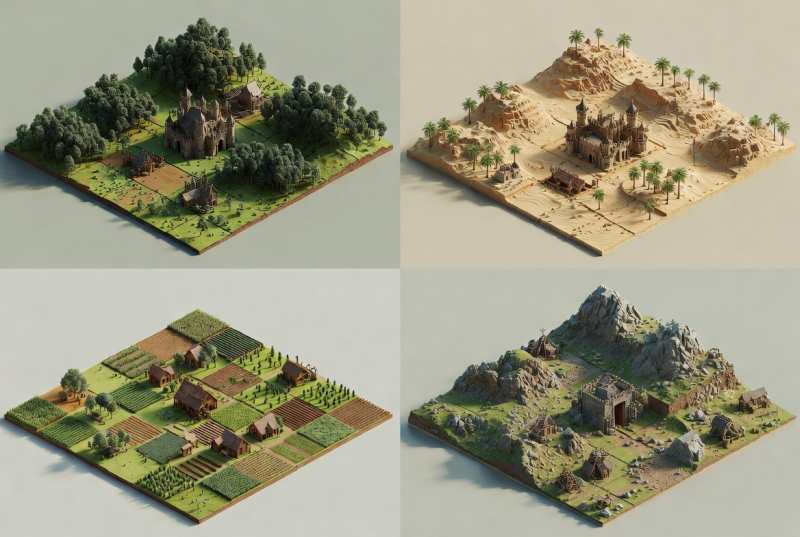 Isometric map showing divided land plots across different biomes.