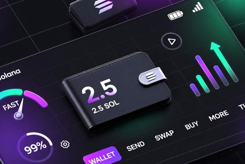 Solana gaming setup guide with wallet icons and futuristic UI elements.