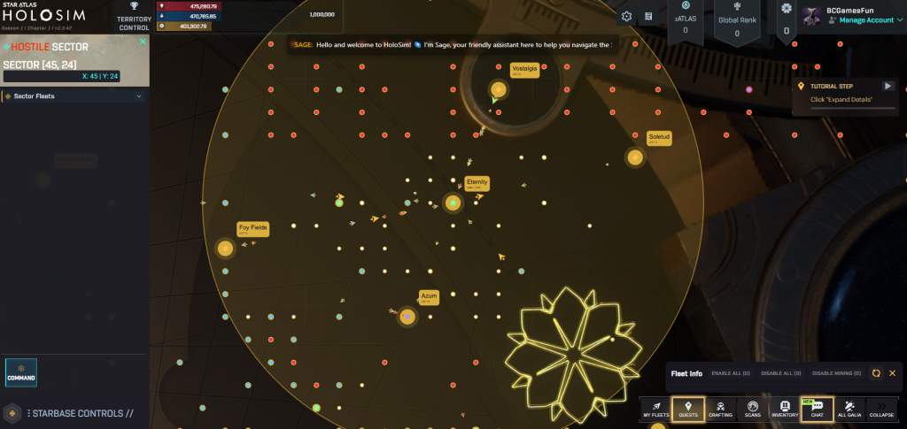 Star Atlas Holosim strategy view showing fleets and a galactic map on a PC screen