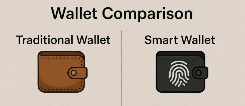 “Comparison graphic showing traditional seed-phrase wallets alongside smart wallets with social login features