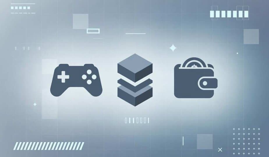 Abstract banner representing Web3 gaming with geometric shapes and digital symbols
