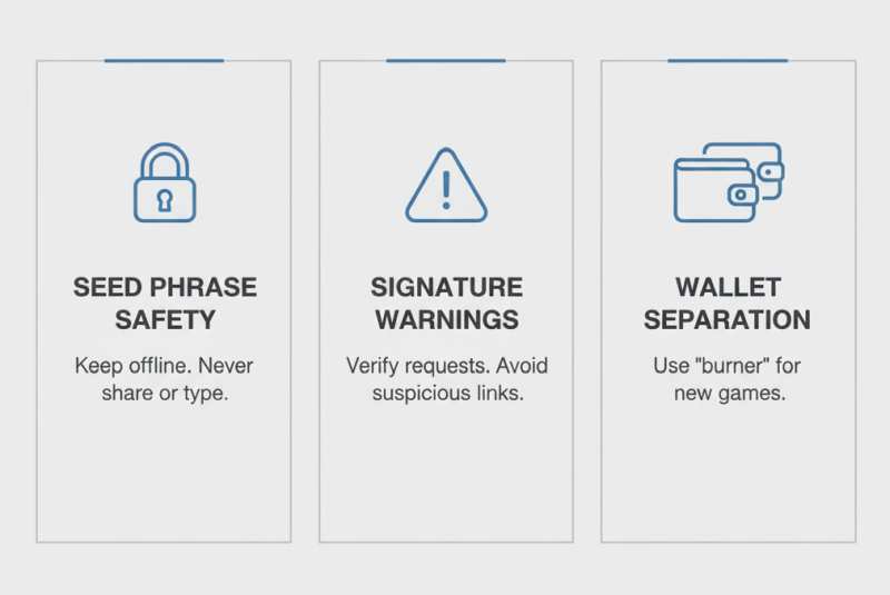 Checklist graphic covering seed phrase safety, signature verification, and wallet separation for Web3 security