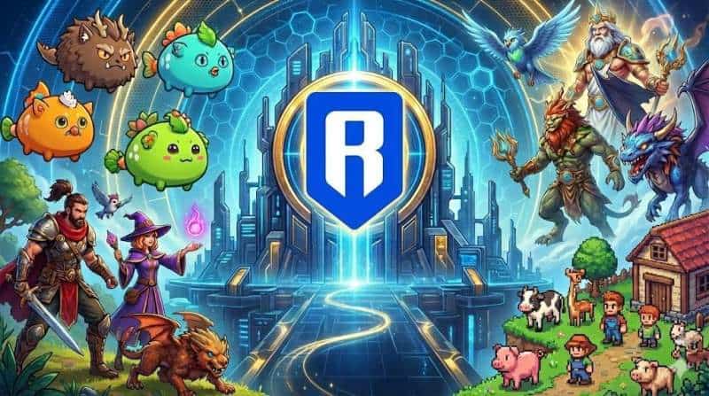 A futuristic collage of Ronin gaming characters including Axies, Pixels farmers, standing in front of a glowing blue Ronin citadel.