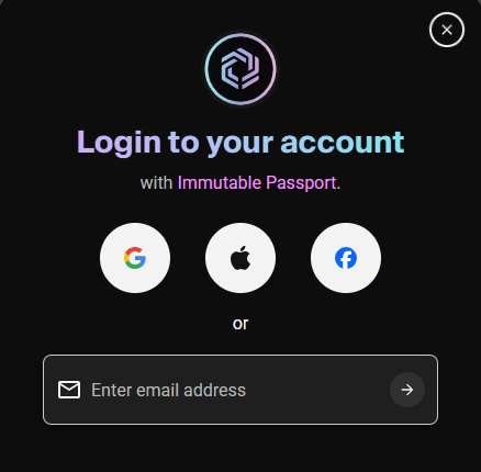 Immutable Passport login screen showing Google and Apple sign in options