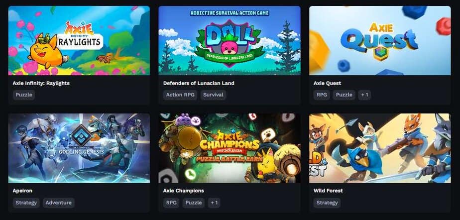 : Ronin discovery interface displaying a list of featured games available on the network