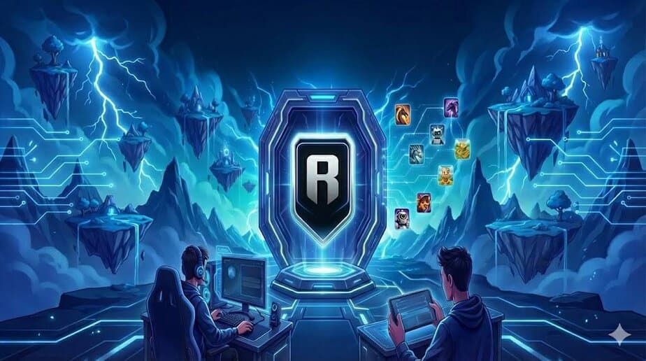 Gamer using a laptop and smartphone in a dark blue Ronin-style color theme