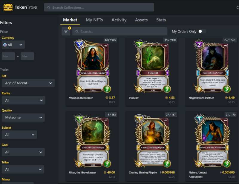 TokenTrove marketplace interface used for browsing and filtering Immutable assets