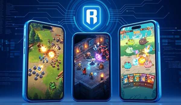 A futuristic display of mobile smartphones running top Ronin games like Wild Forest and Fableborne with the Ronin Network logo in the background.