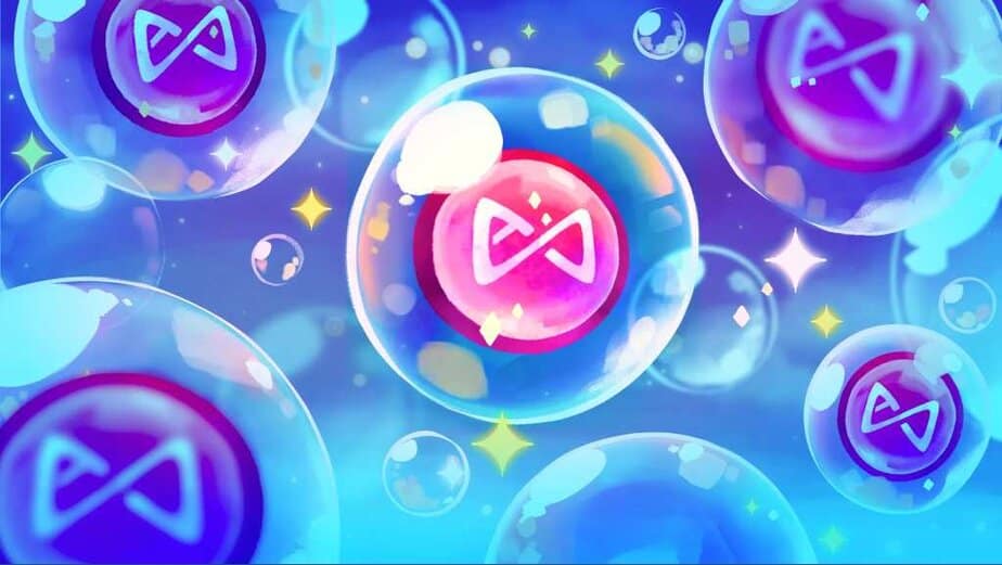 Digital illustration of Axie Infinity's bAXS tokens in a vibrant, futuristic setting.