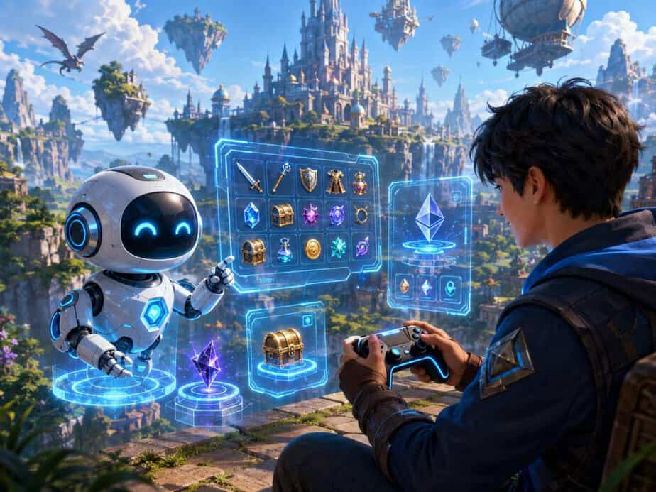 AI agent hologram interface in a fantasy blockchain game world