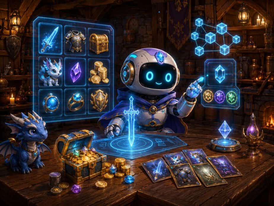 AI character managing NFTs and game assets in a blockchain game